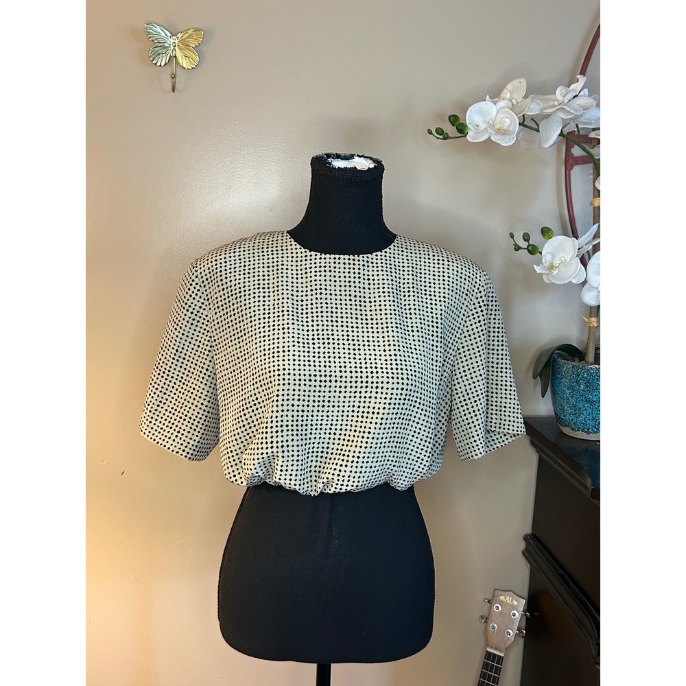 Notations Vintage Tan Black Diamond Print Blouson Blouse Keyhole Back Size M